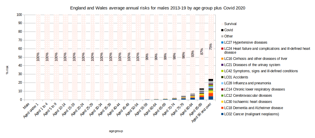 Chart of 2013-2019 outcomes by age group males plus covid