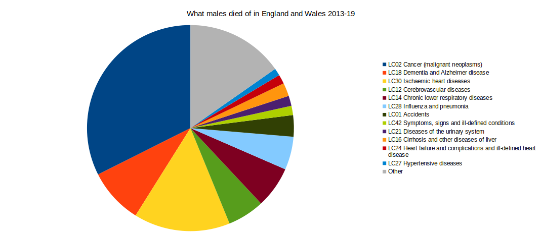 Pie chart of 2013-19 male deaths by cause